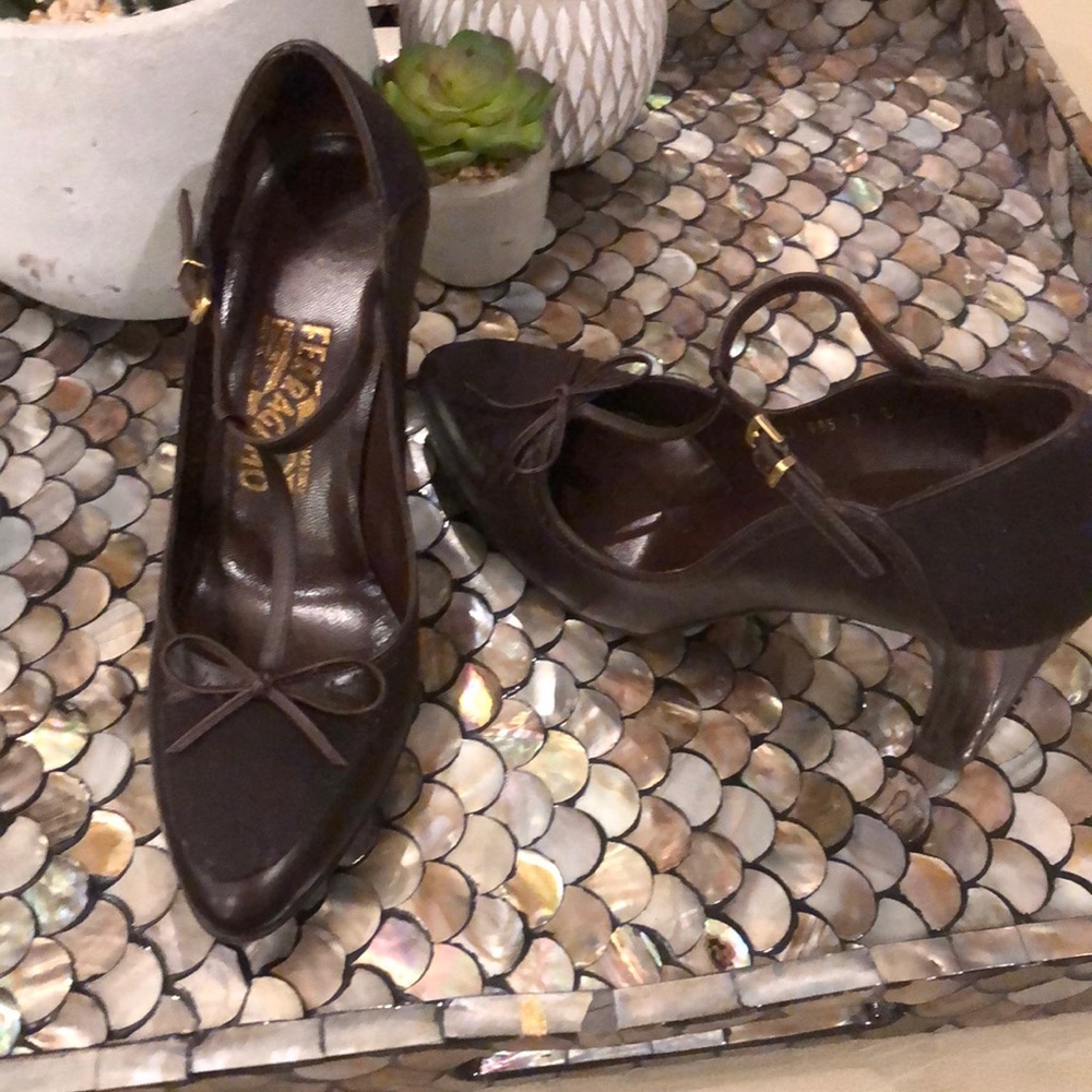 Ferragamo Brown leather and suede Mary Jane heels — SOLD